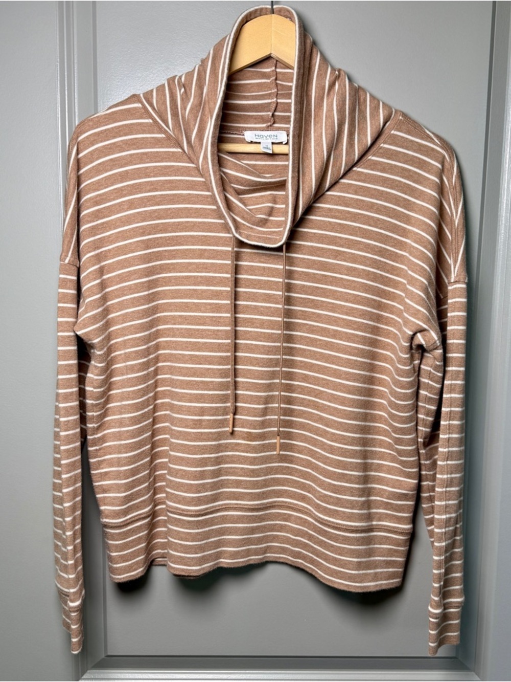 Anthropologie Haven Well Within Striped Cowl Neck Top — Camel M